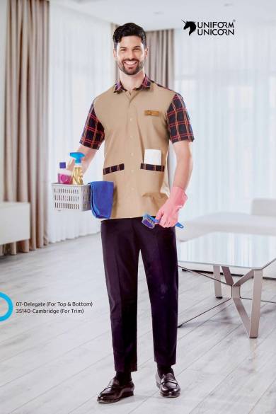 Beige Double Pocket Housekeeping Uniforms Manufacturers,Suppliers, Exporters in Surat