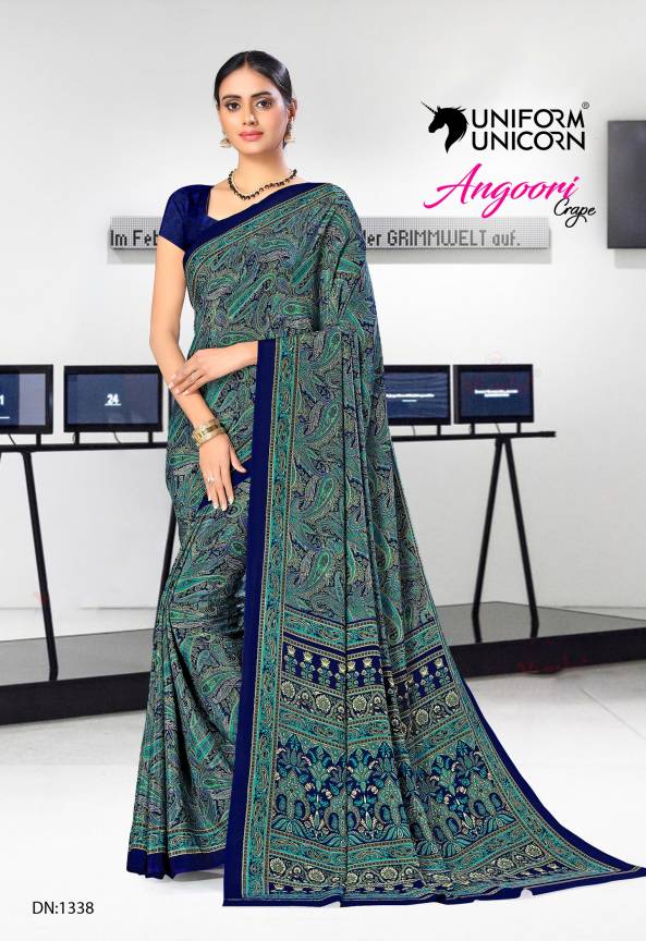 Blue Crepe Silk Uniform Saree With Blouse Manufacturers, Suppliers, Exporters in Surat