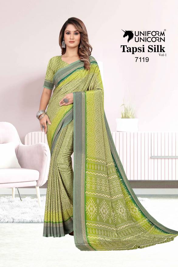 Fancy Dark Green Printed Border Silk Uniform Saree Manufacturers, Suppliers, Exporters in Surat