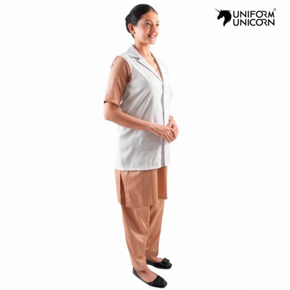 Female Nurse Wear Beige Cotton Uniform with Collar Neck Machine Washable Manufacturers,Suppliers, Exporters in Surat