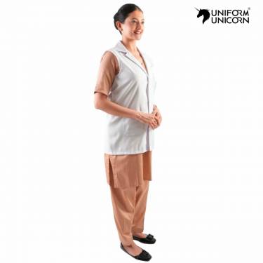 Female Nurse Wear Beige Cotton Uniform with Collar Neck Machine Washable Manufacturers,Suppliers, Exporters in New Delhi