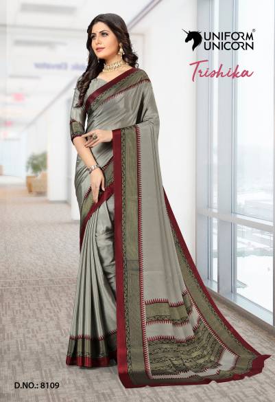 Grey Color Uniform Saree With Attach Blouse By Uniform Unicorn Manufacturers,Suppliers, Exporters in Surat