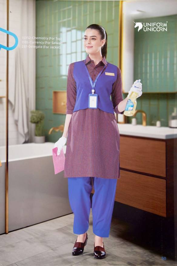Housekeeping Uniform With Checks Print Kurti And Plain Bottom Manufacturers, Suppliers, Exporters in Surat