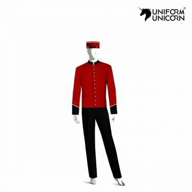 Mens Bellboy Uniform for Hotel Red Tops and Black Pants Customized Design Manufacturers,Suppliers, Exporters in New Delhi