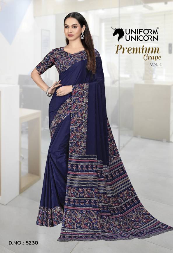 Navy Blue Crepe Silk Uniform Saree with Blouse Manufacturers, Suppliers, Exporters in Surat
