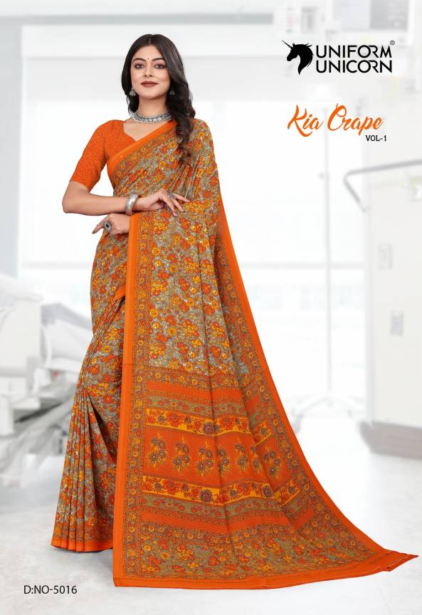 Orange Print Kia Crape Hospital Worker Saree Manufacturers, Suppliers, Exporters in Surat