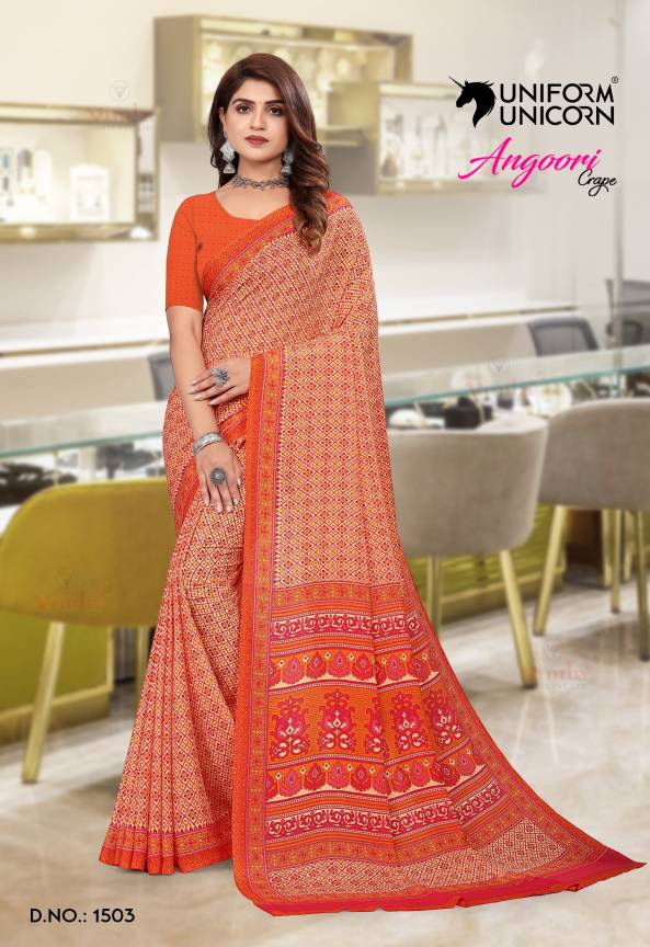Printed Crepe Uniform Sarees For Jewellry showroom Manufacturers, Suppliers, Exporters in Surat