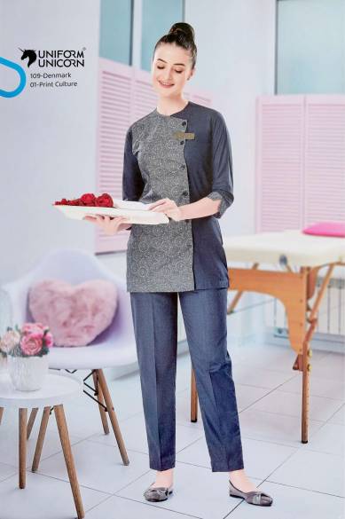 Printed Grey Half Sleeves Hotel Spa Uniform Manufacturers,Suppliers, Exporters in Surat