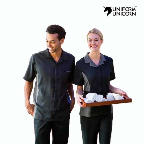 Professional Housekeeping Uniform for Hotels Unisex Black or Custom Design Manufacturers,Suppliers, Exporters in Surat