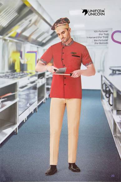 Red Color Chef Dress With Printed Trim Style Manufacturers,Suppliers, Exporters in Surat
