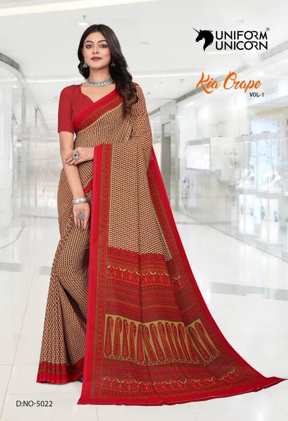 Red Kia Crape Uniform Saree For School, College, Educational Institution Manufacturers, Suppliers, Exporters in Surat