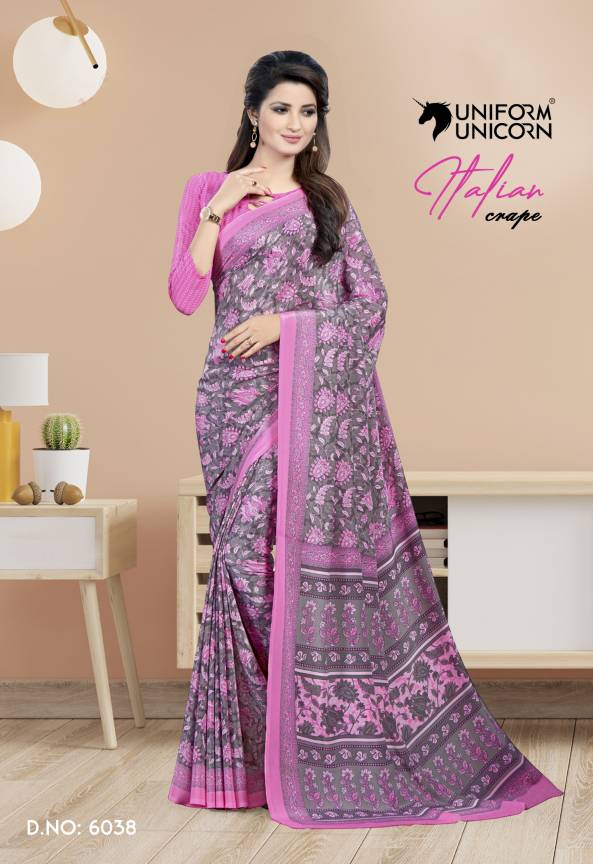 Uniform Unicorn Pink Crape Silk Uniform Saree Manufacturers, Suppliers, Exporters in Surat